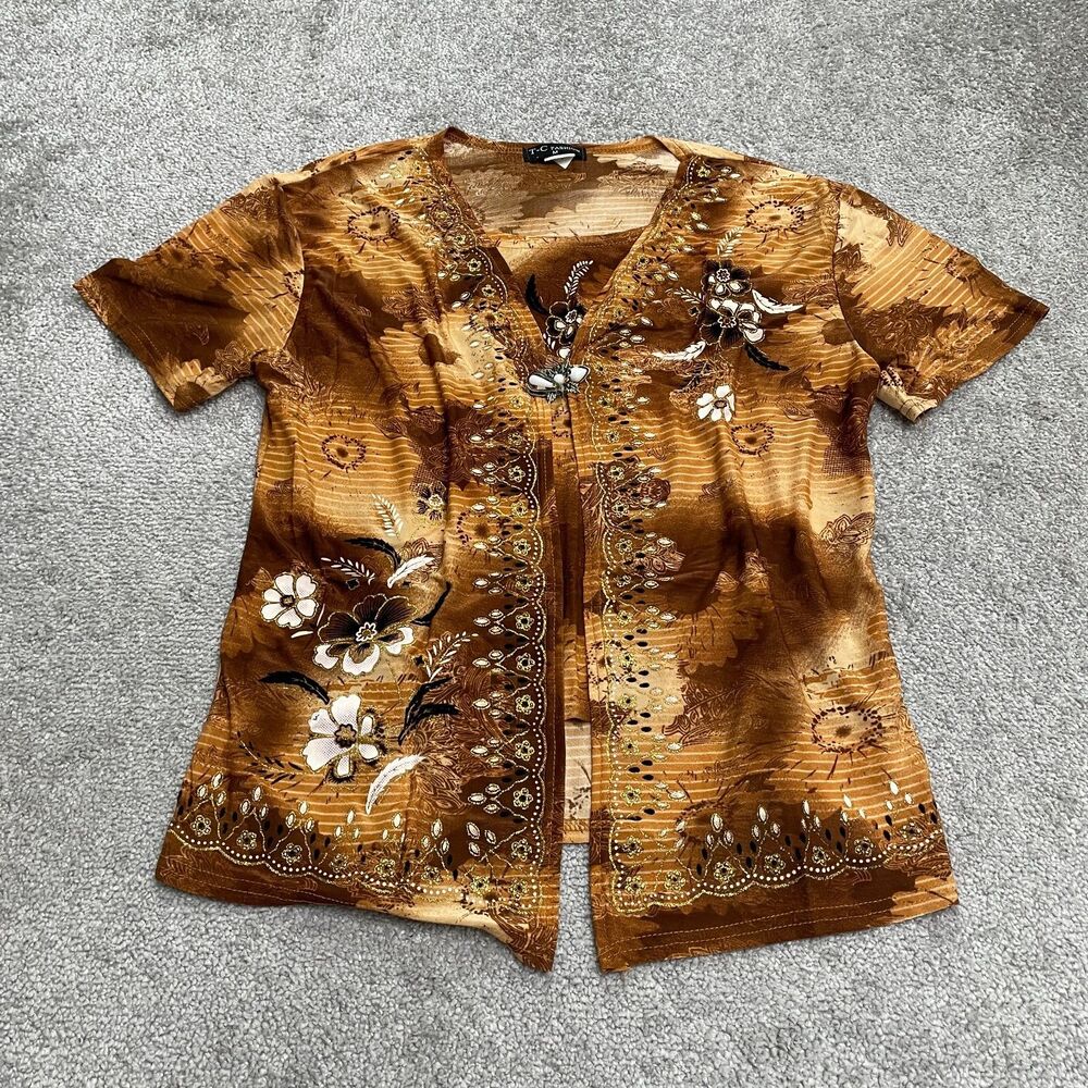 T-C Fashion Open Cover Up Top Womens Medium Brown Floral Casual Bohemian Stretch